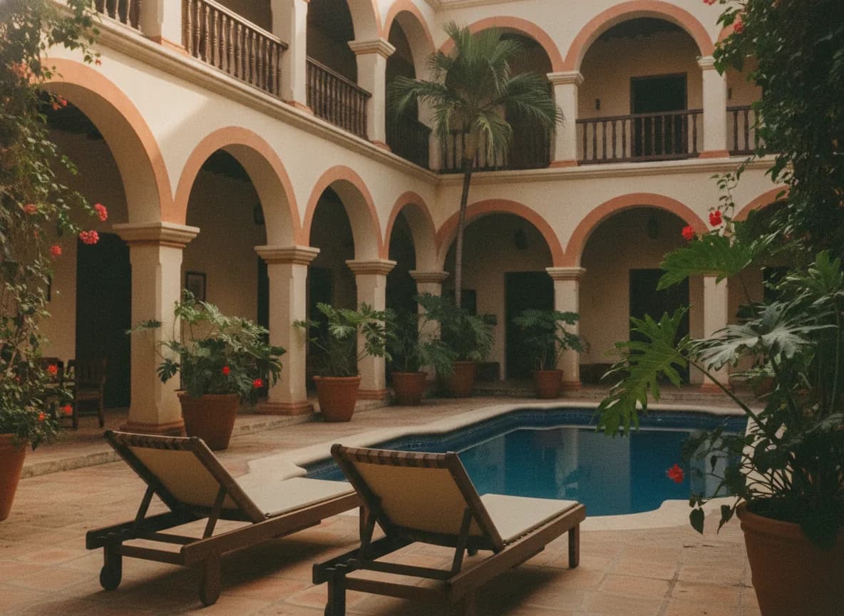 A colonial hotel courtyard with arches, bougainvillea, loungers and a small pool