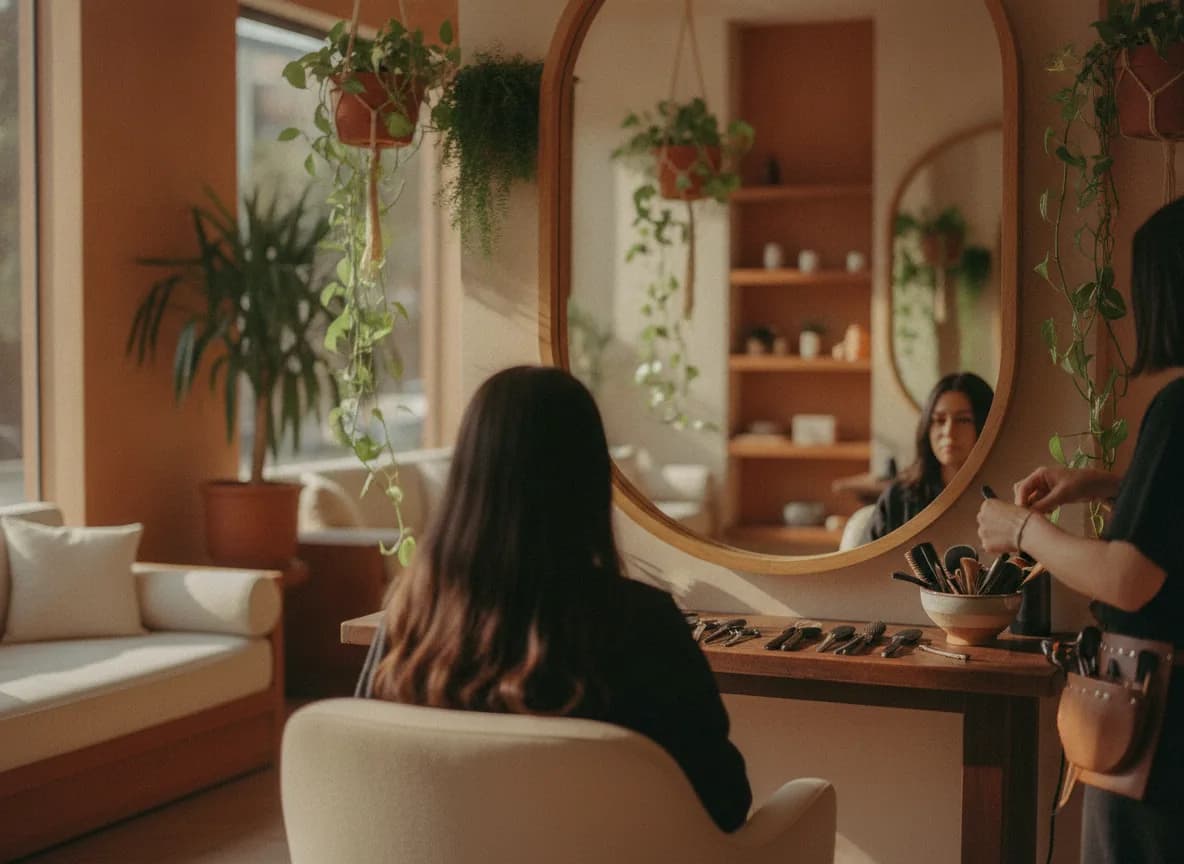 A client at the mirror of a bright salon, with hanging plants and the stylist beside her