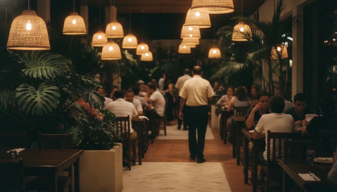 A restaurant floor at night, full, with a server walking between the tables