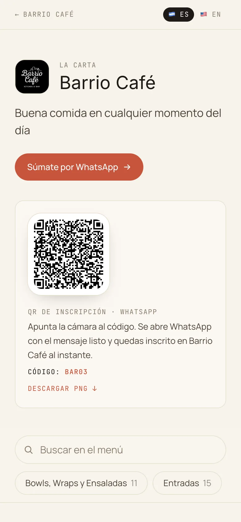 Barrio Café’s public menu on a phone: the logo, the sign-up QR with code BAR03, and the menu categories with their dish counts