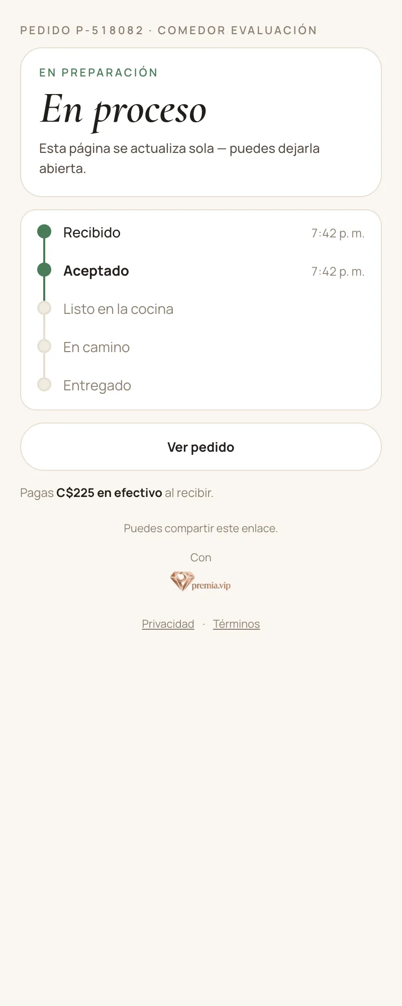 Tracking page for a delivery order: received and accepted with their times, ready in the kitchen, on the way and delivered still to come, and C$225 paid in cash on arrival