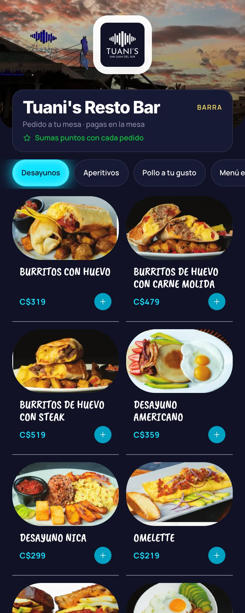 Tuani’s Resto Bar menu opened from the bar’s QR: the BARRA label, “order to your table · pay at the table”, and breakfast dishes with photo, price in córdobas and an add button
