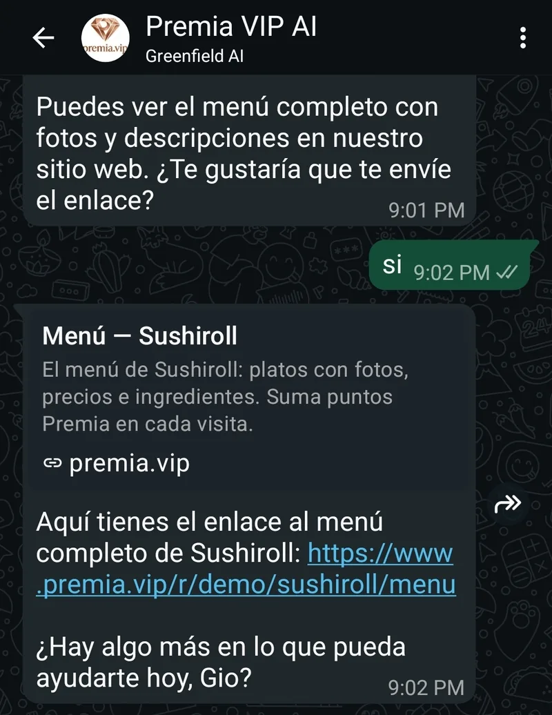 WhatsApp thread: the assistant offers the full menu, the customer says yes and gets the link to the Sushiroll catalog