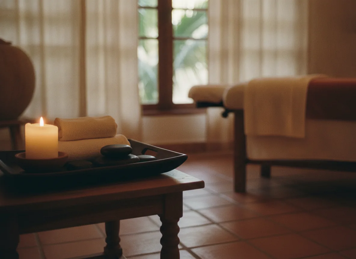 A spa treatment room made ready, with a lit candle and folded towels