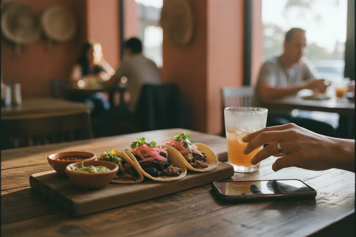 A wooden table with tacos and a drink, in a restaurant lit by the afternoon