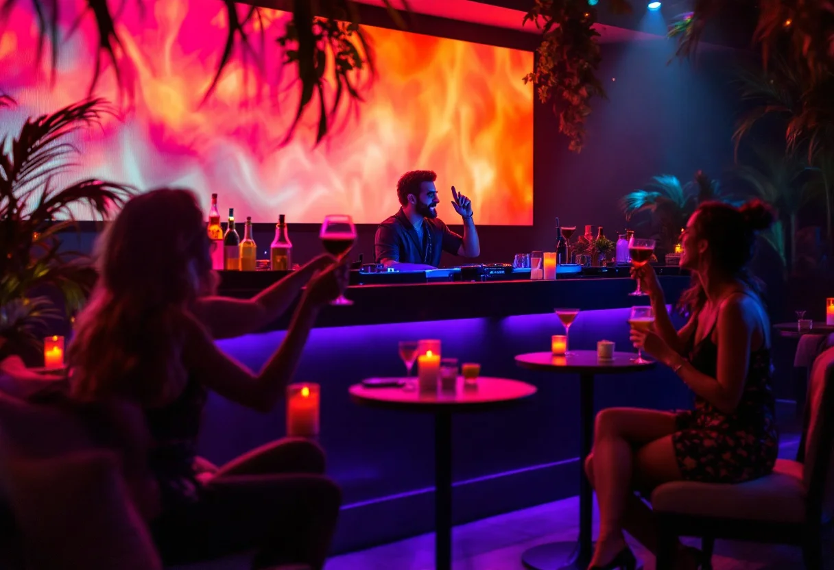 Bar de coctelería de noche con un DJ, pantalla iluminada al fondo y mesas con velas