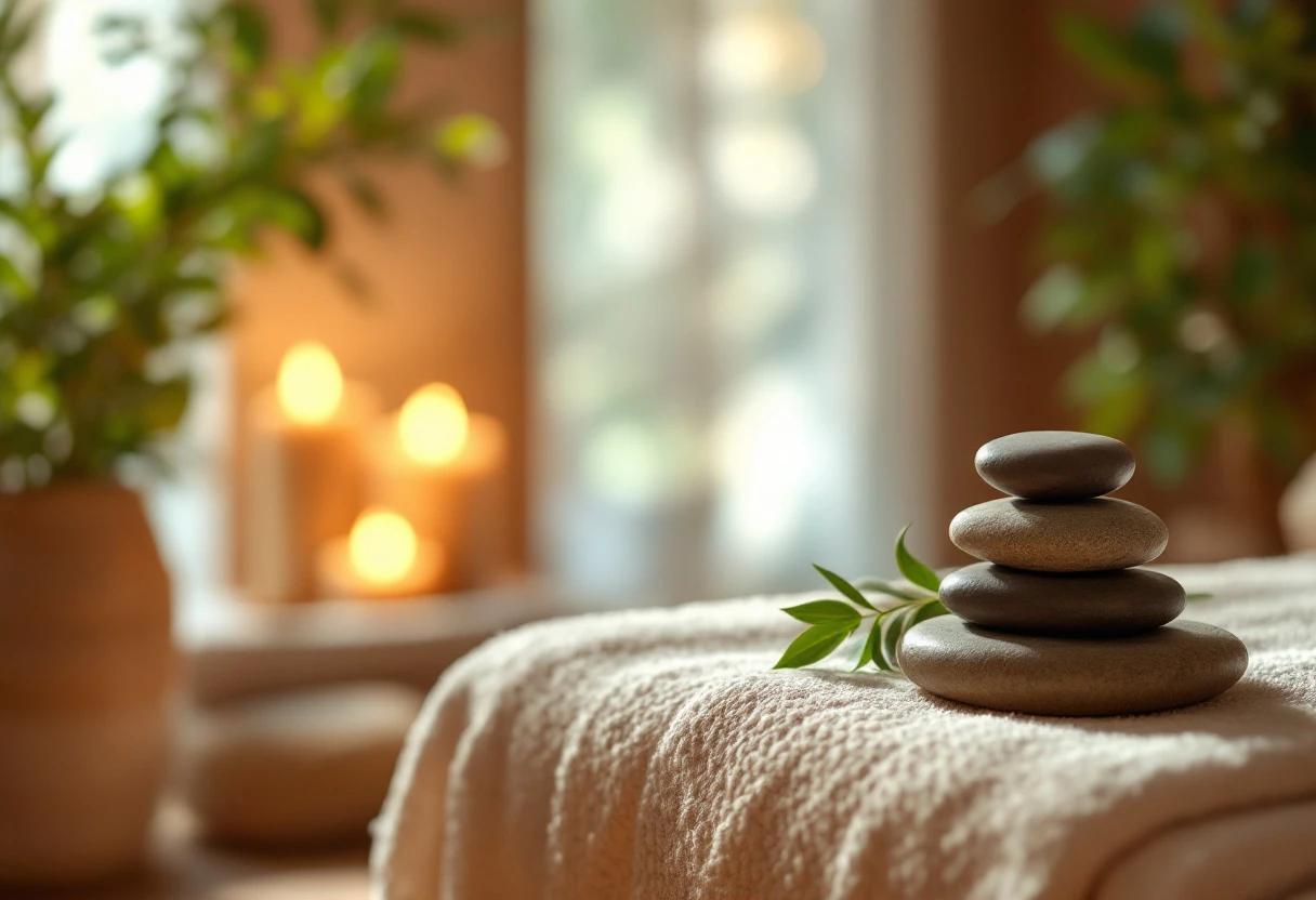 Sala de spa serena con piedras, velas y toallas en tonos cálidos